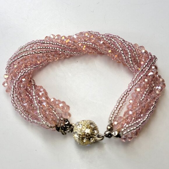 Pink Twisted Crystal Bracelet Braided Beads Half Moon Crystal Magnetic Clasp - Picture 1 of 5